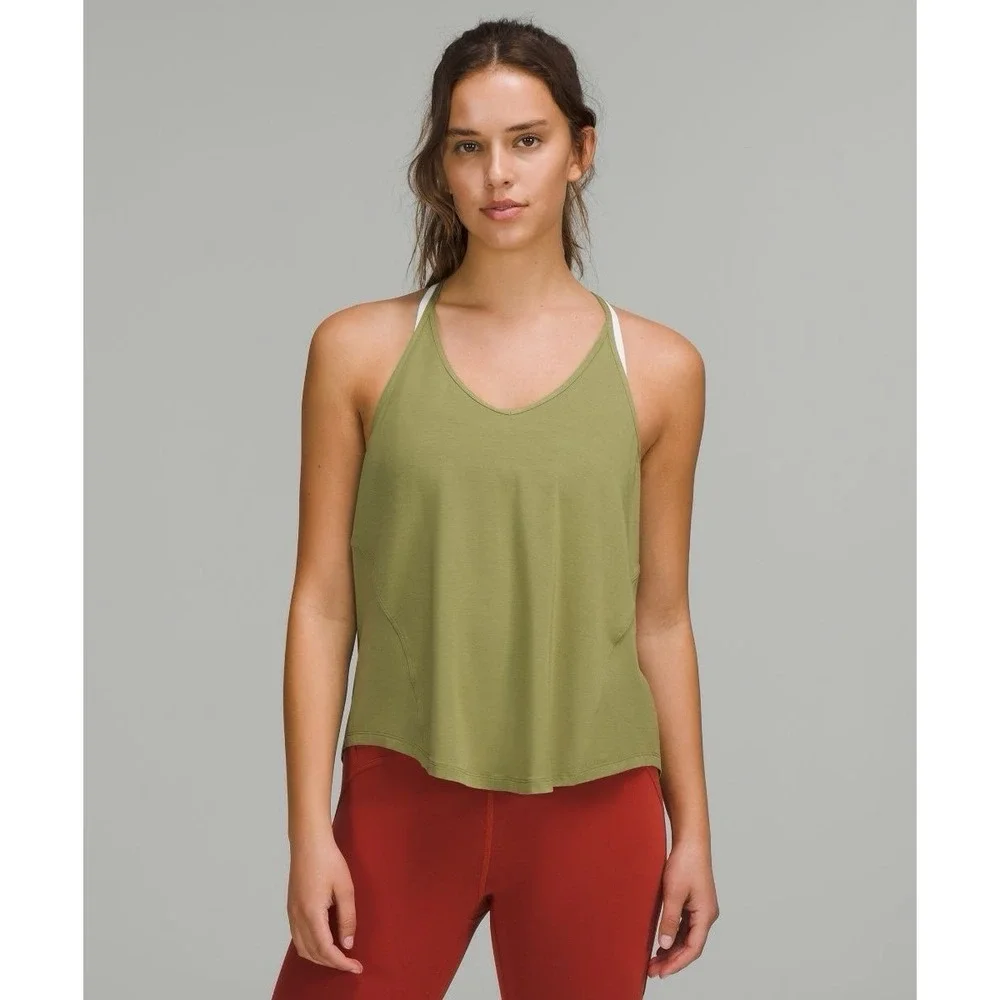 Lululemon Modal Silk Blend Yoga Tank‎ Top Sz 2 Green Open Back Athletic Flowy
